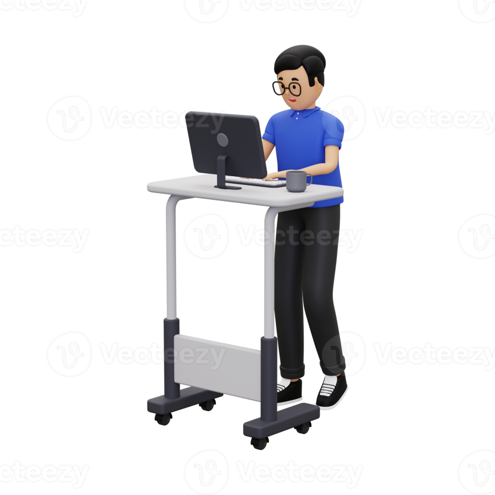3d um funcionário está trabalhando em um computador desktop png