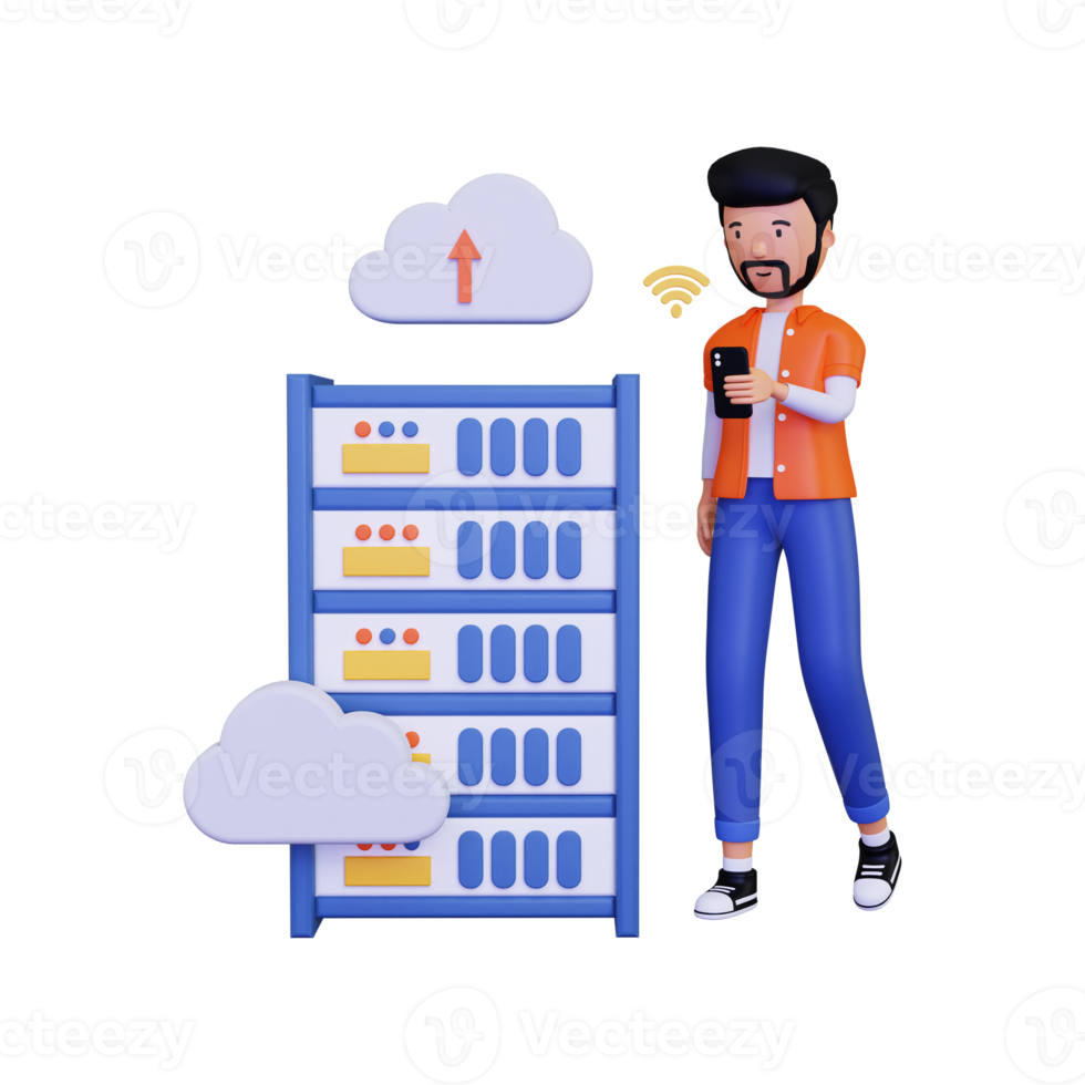 3d Man uploading data on server png