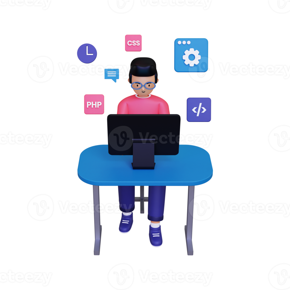 3d Website developer working on laptop illustration png