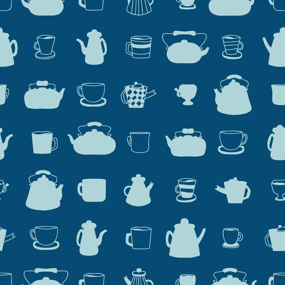 Monochrome teapot, cups and mugs silhouette seamless pattern. vector