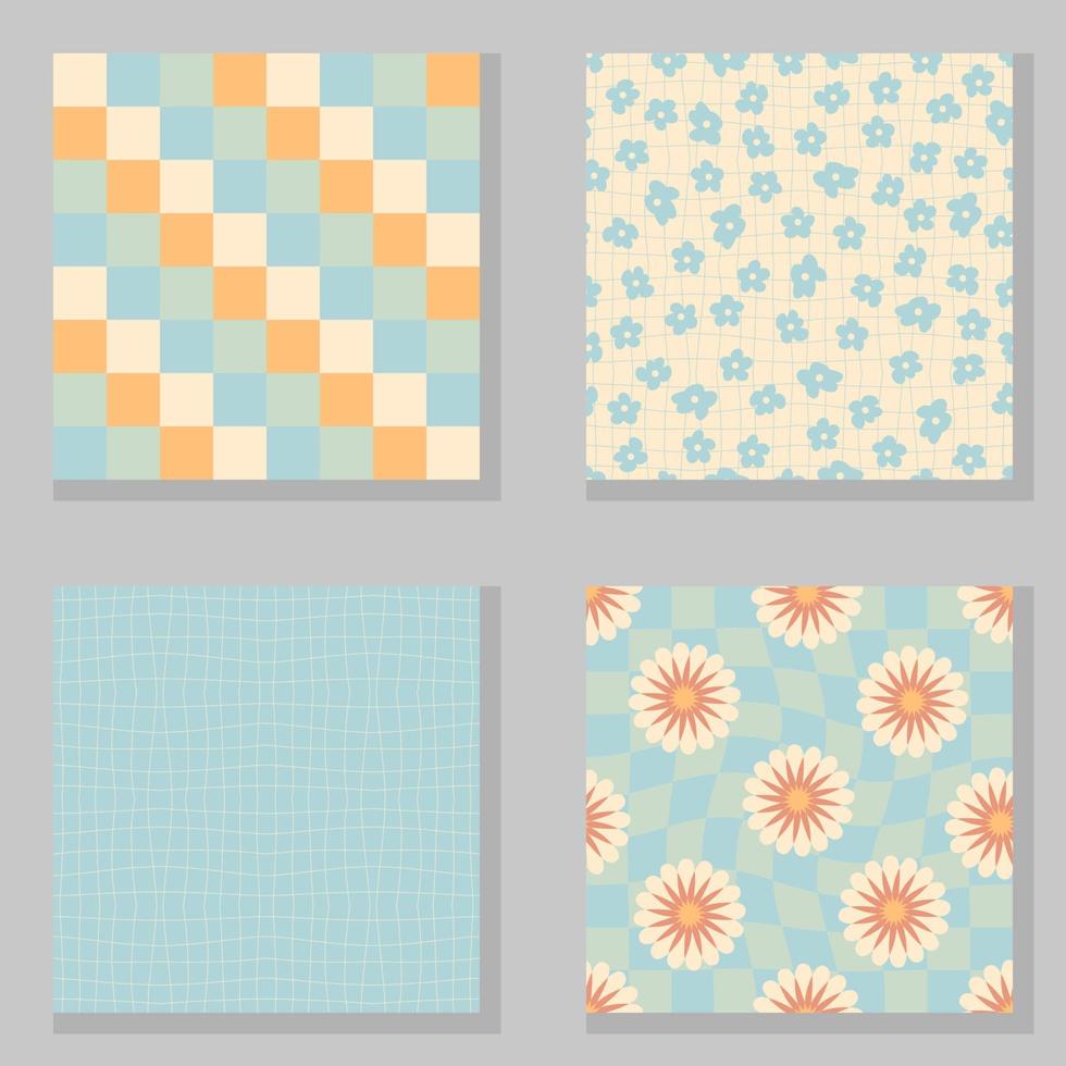 Daisy flowers, trippy grid, wavy checkerboard seamless pattern set. vector