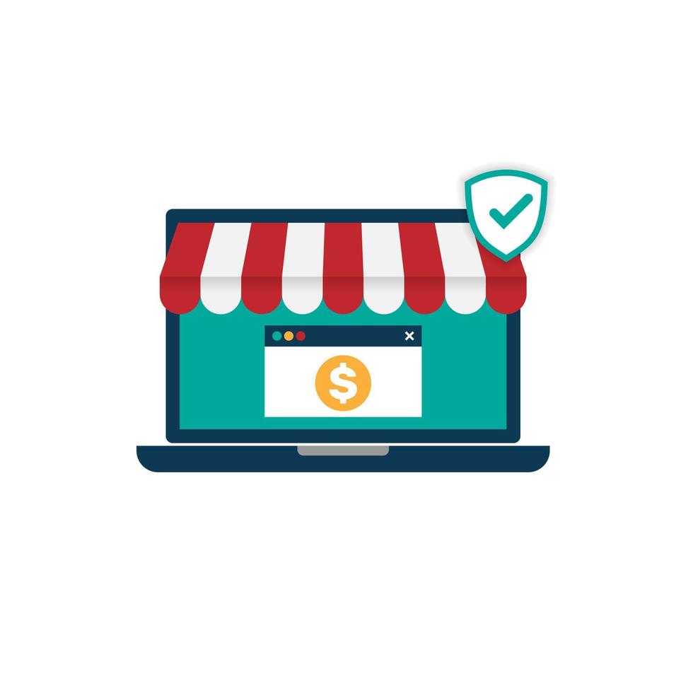 Online Shopping concept with shield and check mark icon as a symbol of customer safety. - Vector. vector