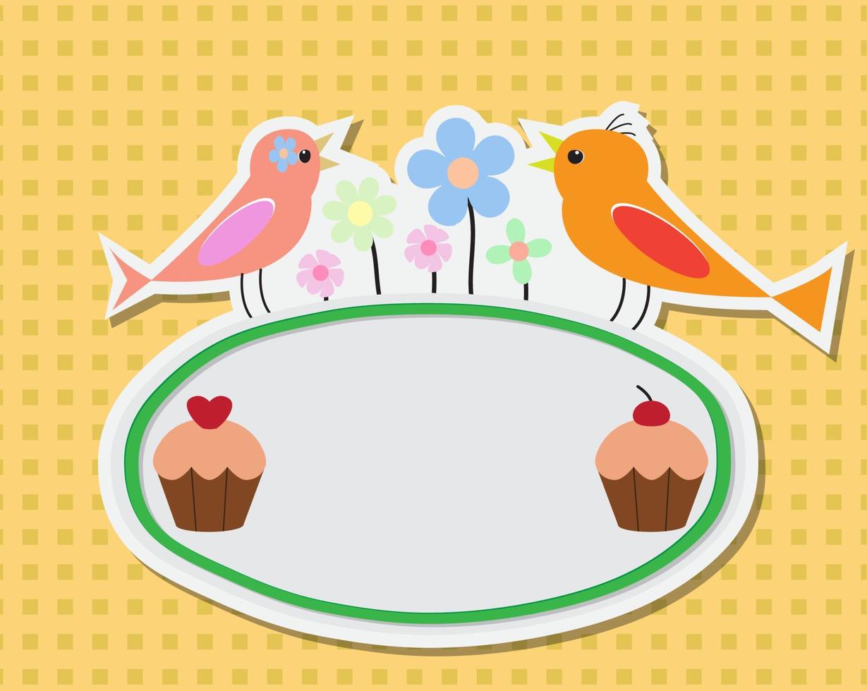 tarjeta de cumpleaños con pastel pájaro y decoración floral vector