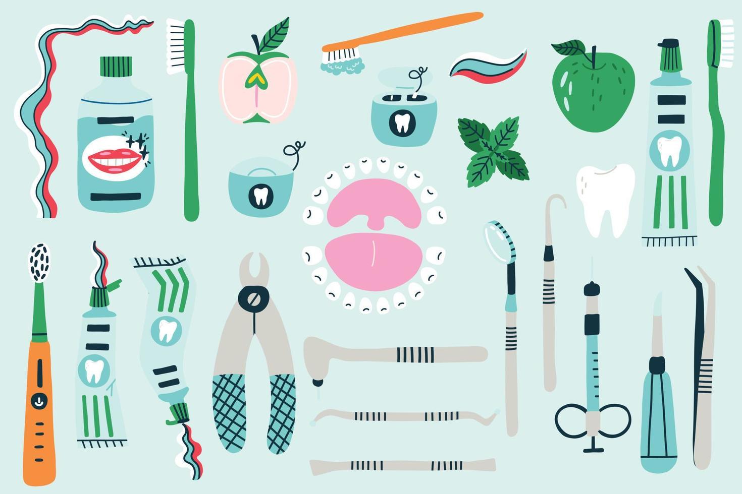 kit de accesorios dentales para limpieza y tratamiento de dientes vector