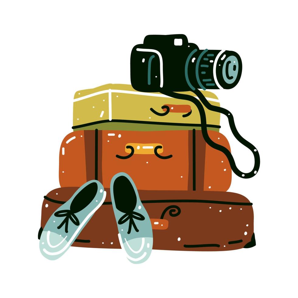 Old vintage leather suitcase with a camera, sneakers, vector illustration