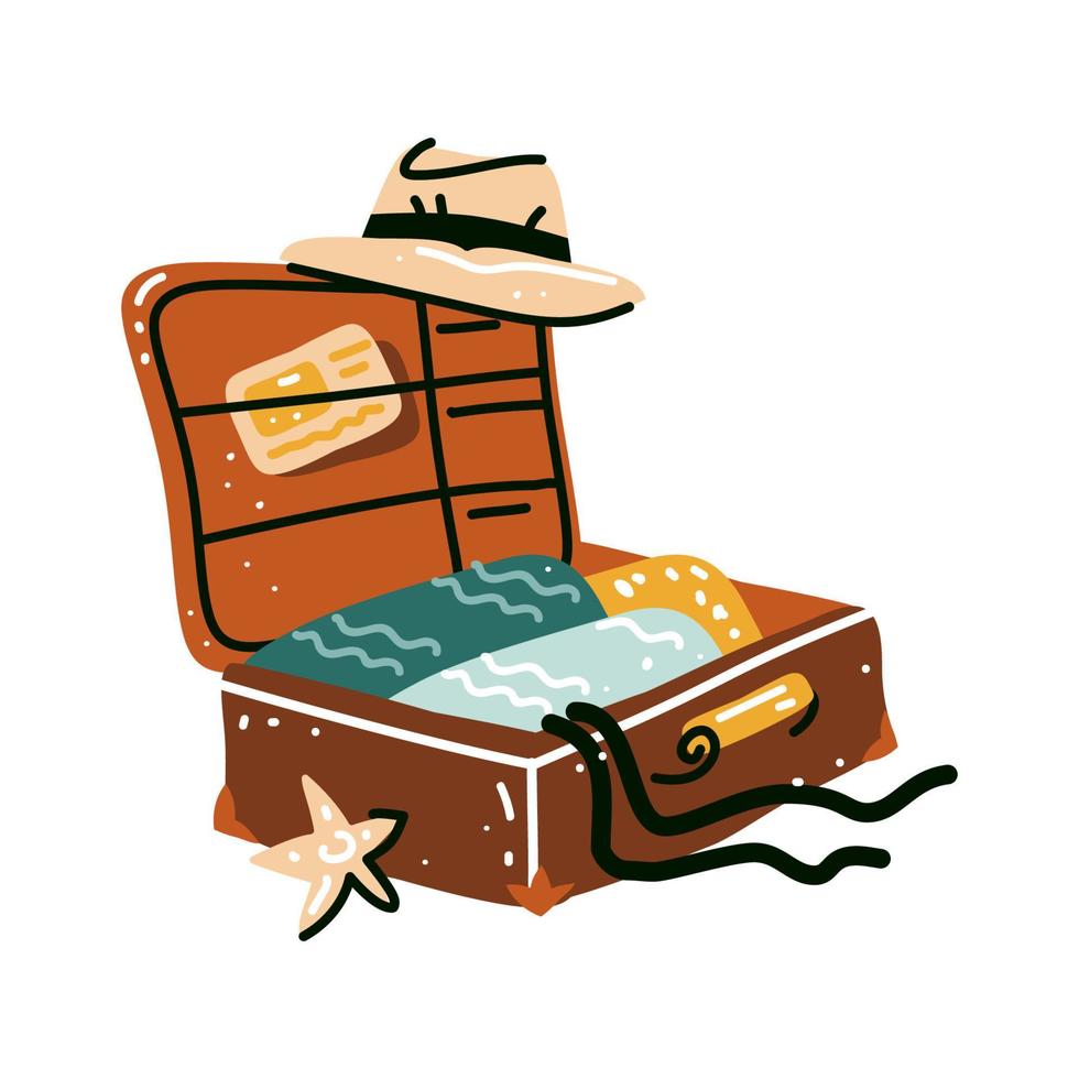 Old vintage leather suitcase with a hat, tickets, vector illustration isolated