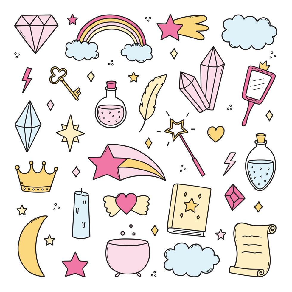 Hand drawn set of kids magic and fantasy doodle. Rainbow, crystal, mirror, stars in sketch style. vector