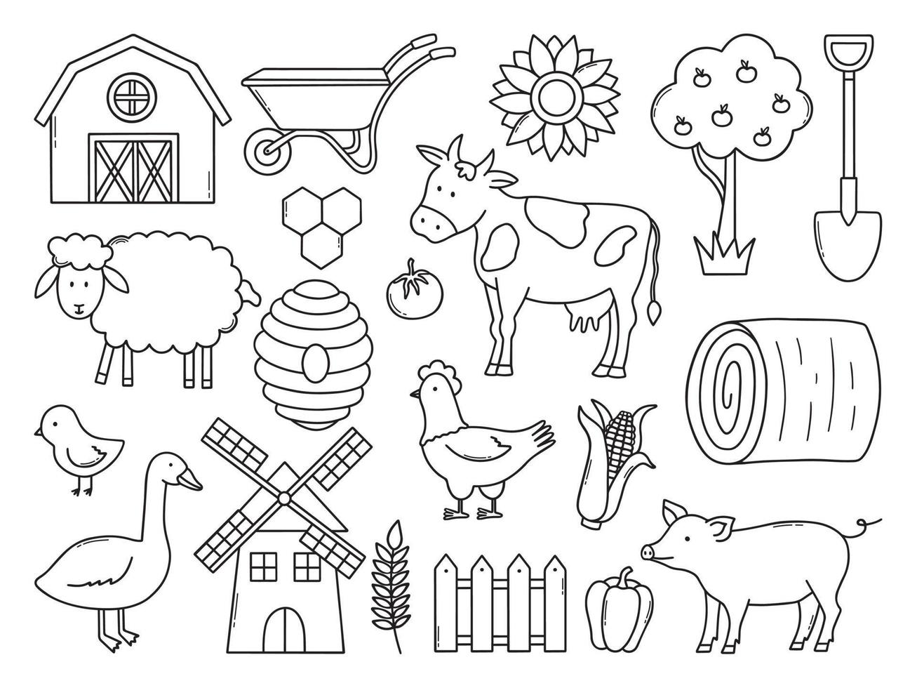 Hand drawn set of farm and agriculture doodle. Domesticated birds and Farmer animals in sketch style. vector