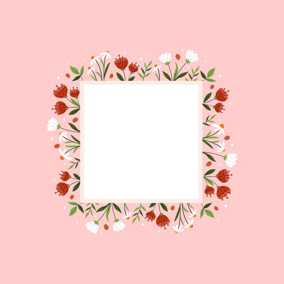 Romantic template design with cute wildflowers. Vector illustration on pink background with place for a text