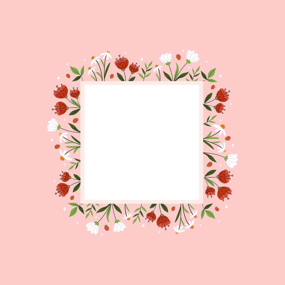 diseño de plantilla romántica con bonitas flores silvestres. ilustración vectorial sobre fondo rosa con lugar para un texto vector