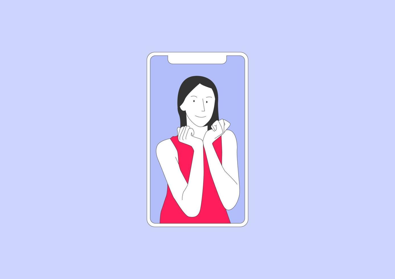 Cute woman posing for a video on mobile screen. vector