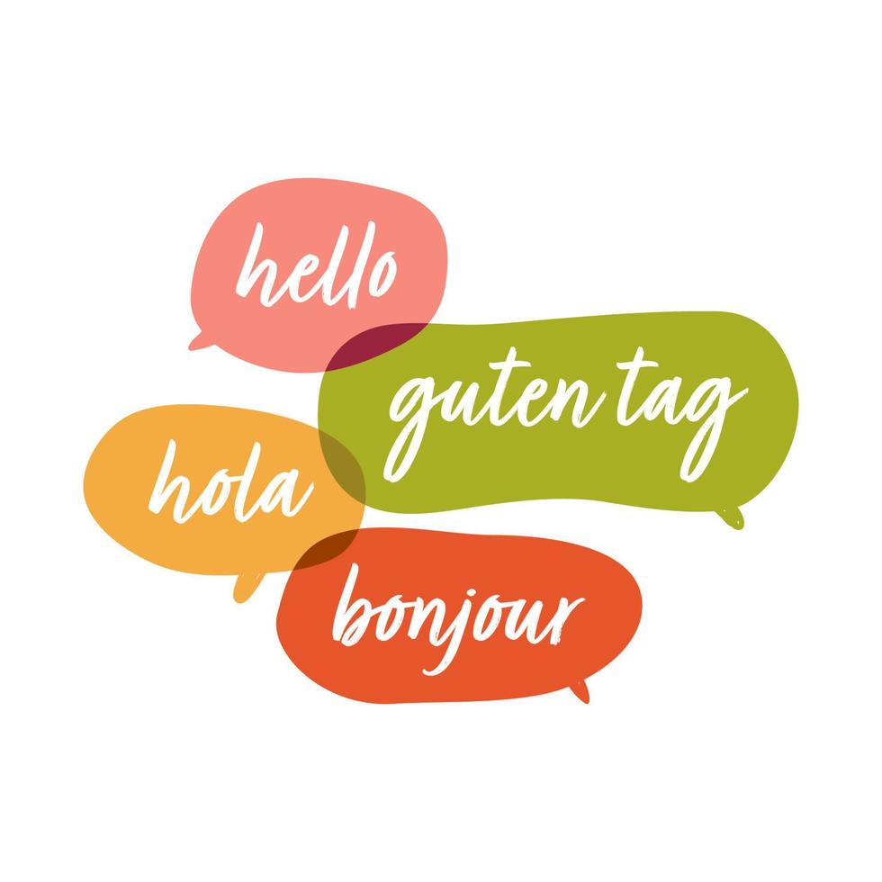 Hola, guten tag, bonjour, hello. Social network or bilingual translation concept. vector illustration