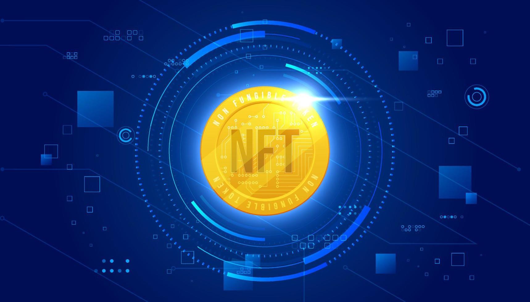 Gold coin NFT non fungible token on dark blue background. Pay for unique collectibles in games or art. Simple futuristic modern geometric connection line background. vector