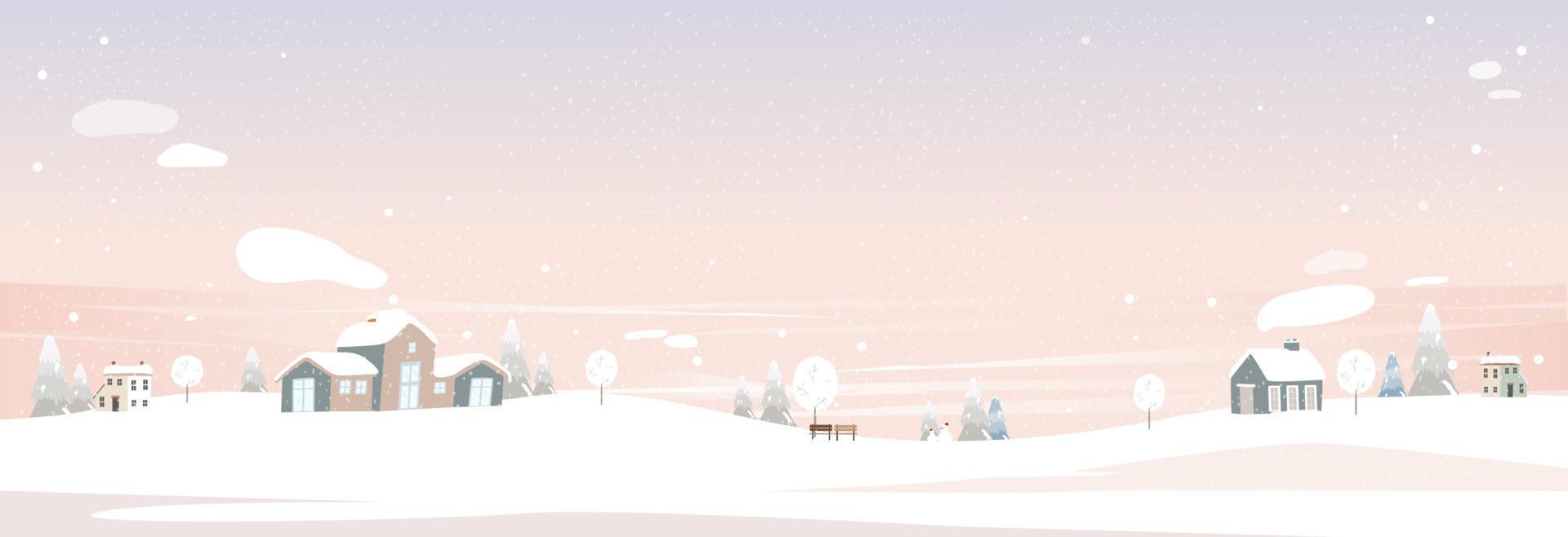 fondo del país de las maravillas de invierno, banner vectorial con espacio de copia para navidad, telón de fondo de celebración de año nuevo. panorama lindo paisaje de montaña de invierno con casa, pino en la colina en un cielo púrpura rosa pastel vector