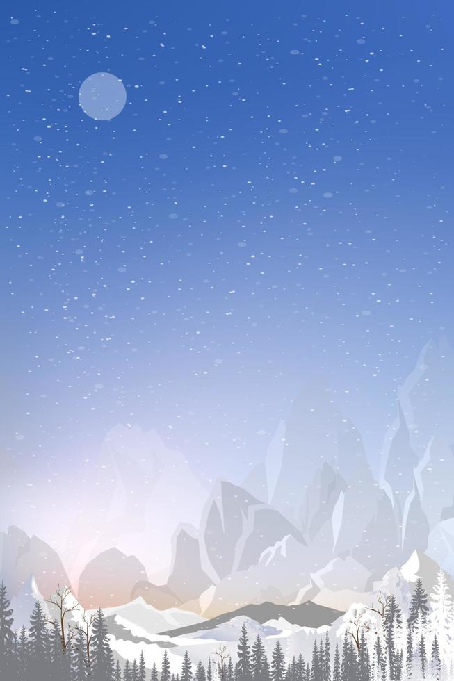 Winter scenic mountain landscape forest pine tree,Magical Night Winter wonderland with full Moon and Snow falling from blue sky,Vector vertical beautiful Natural for Christmas, New Year holiday vector