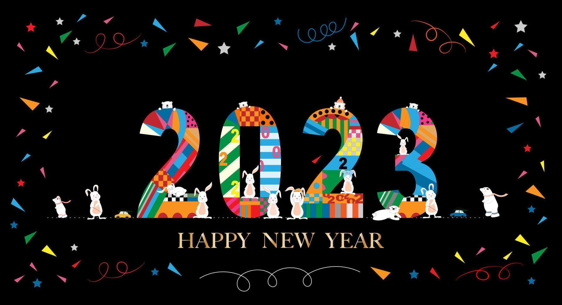 2023 Typography text font with rabbit and polar bear in geometric style on black background,Vector horizon background for banner, flyer, poster, calendar for Chinese New Year 2023 with rabbit symbol vector