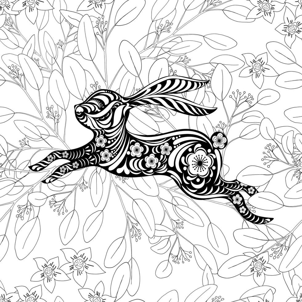 Seamless Doodle Rabbit with Eucalyptus leaves on white background, New year Chinese zodiac 2023 sign for element, Endless fabric pattern Easter Bunny with Floral fancy hare for print, wrapping paper vector
