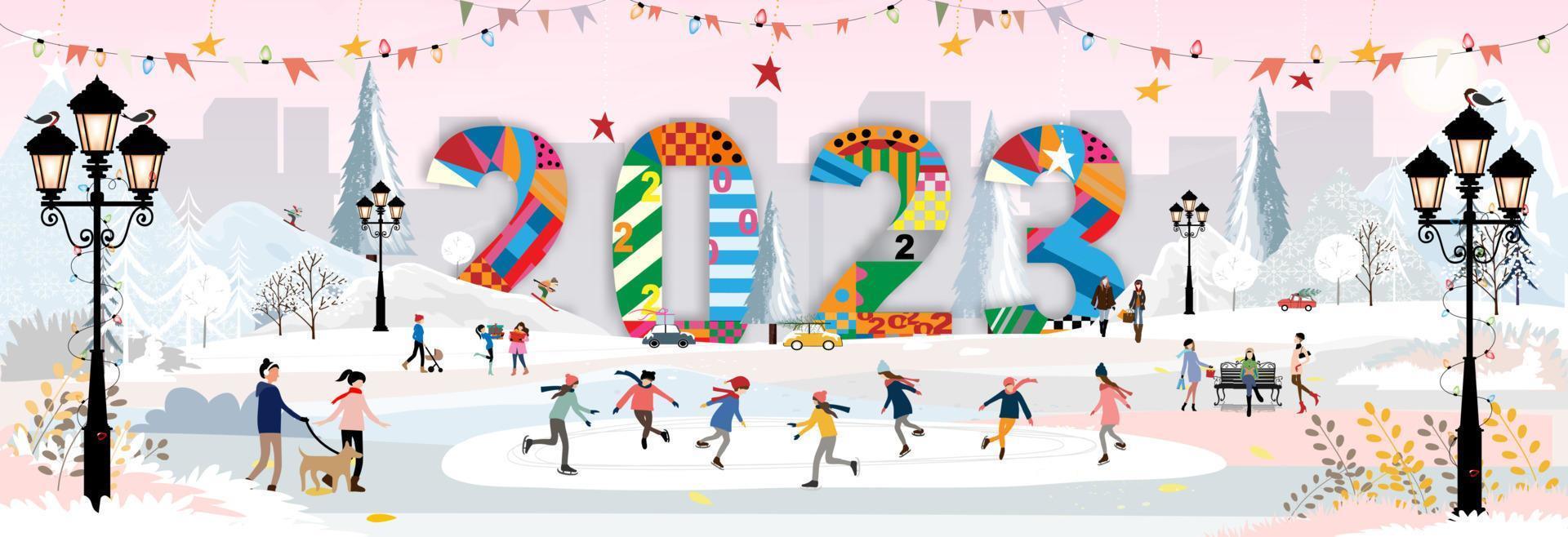 Happy New Year 2023 card,Vector Winter landscape in city with people celebrating on Chritsmas Eve.Winter wonderland in the town with happy kids playing ice skating in the city park vector