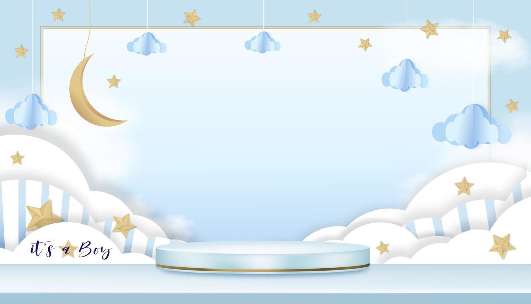 vector para tarjeta de ducha de bebé sobre fondo azul, paisaje de nubes de origami abstracto de papel lindo, luna creciente y estrellas en el cielo azul con podio 3d, corte de papel con espacio de copia para las fotos del bebé