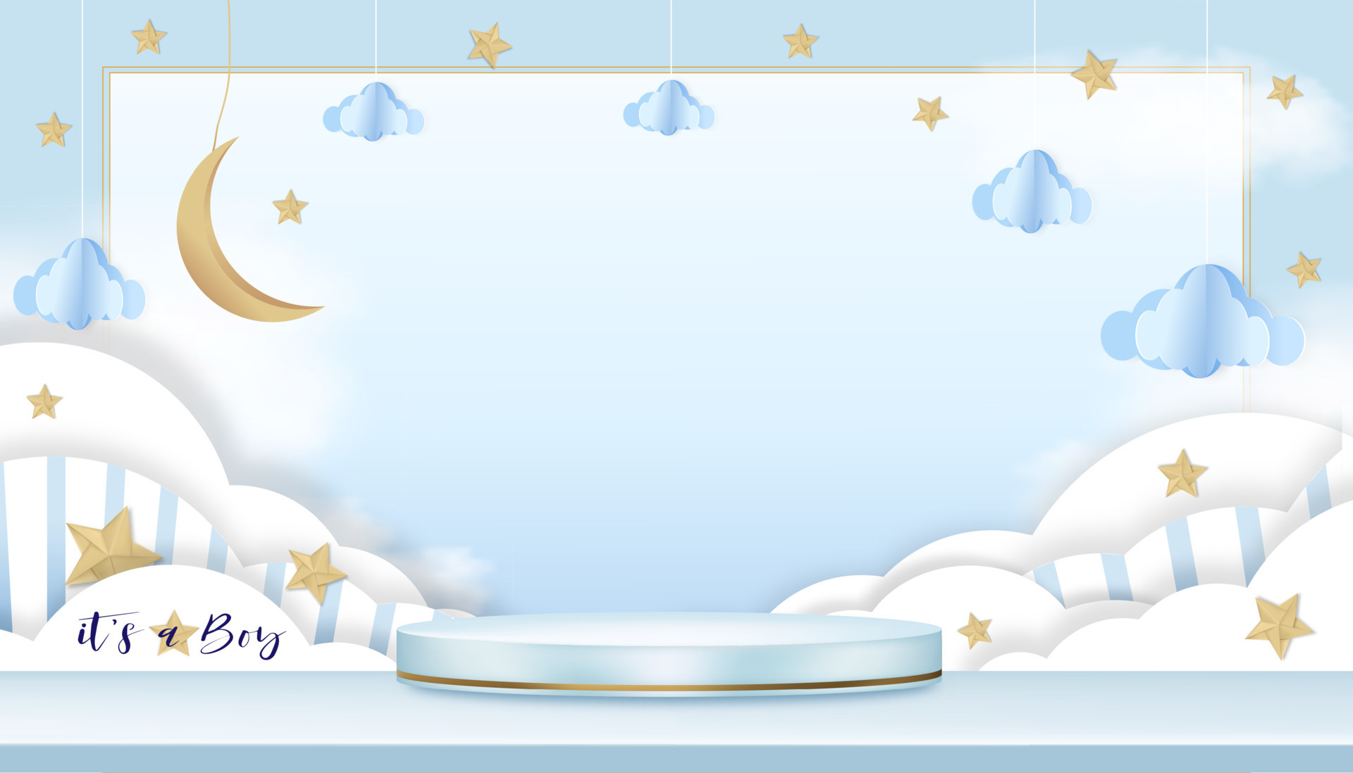 Vector for baby boy shower card on blue background,Cute Paper art