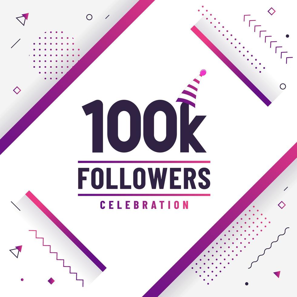 gracias 100k seguidores, celebración de 100000 seguidores diseño colorido moderno. vector
