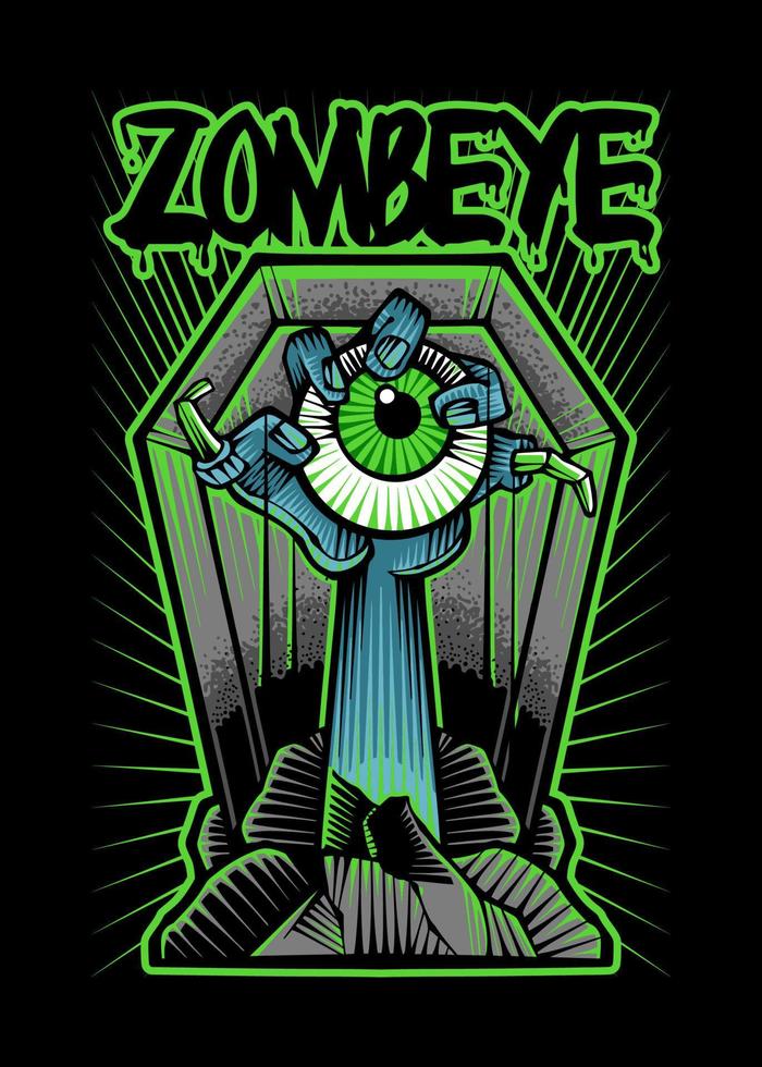 Zombie with Eye on Hand coming out from Graveyard Vector Japanese Illustration Style Isolated. Editable Layer and Color. Zombie hand coming out of grave holding eyeball for Halloween Event.