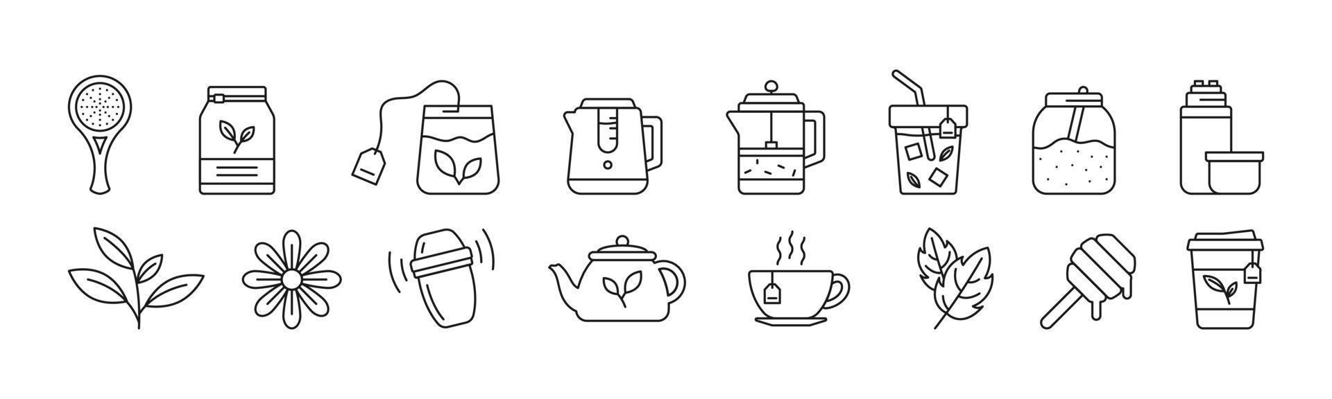 ilustración de vector de plantilla de diseño de conjunto de iconos de arte de línea de té