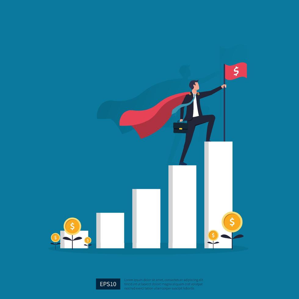 Successful businessman with cape standing at the top. career planning, the path to the goal, improvement and development to achieves success vector