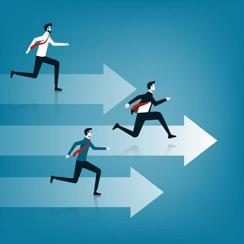 WebBusiness competition concept. Three business persons running on the arrow to be a winner vector