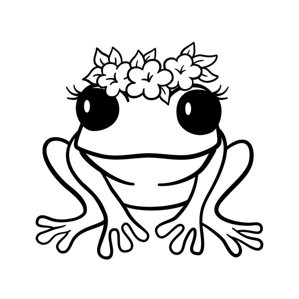 Vector outline frog with flowers on head isolated on white background.