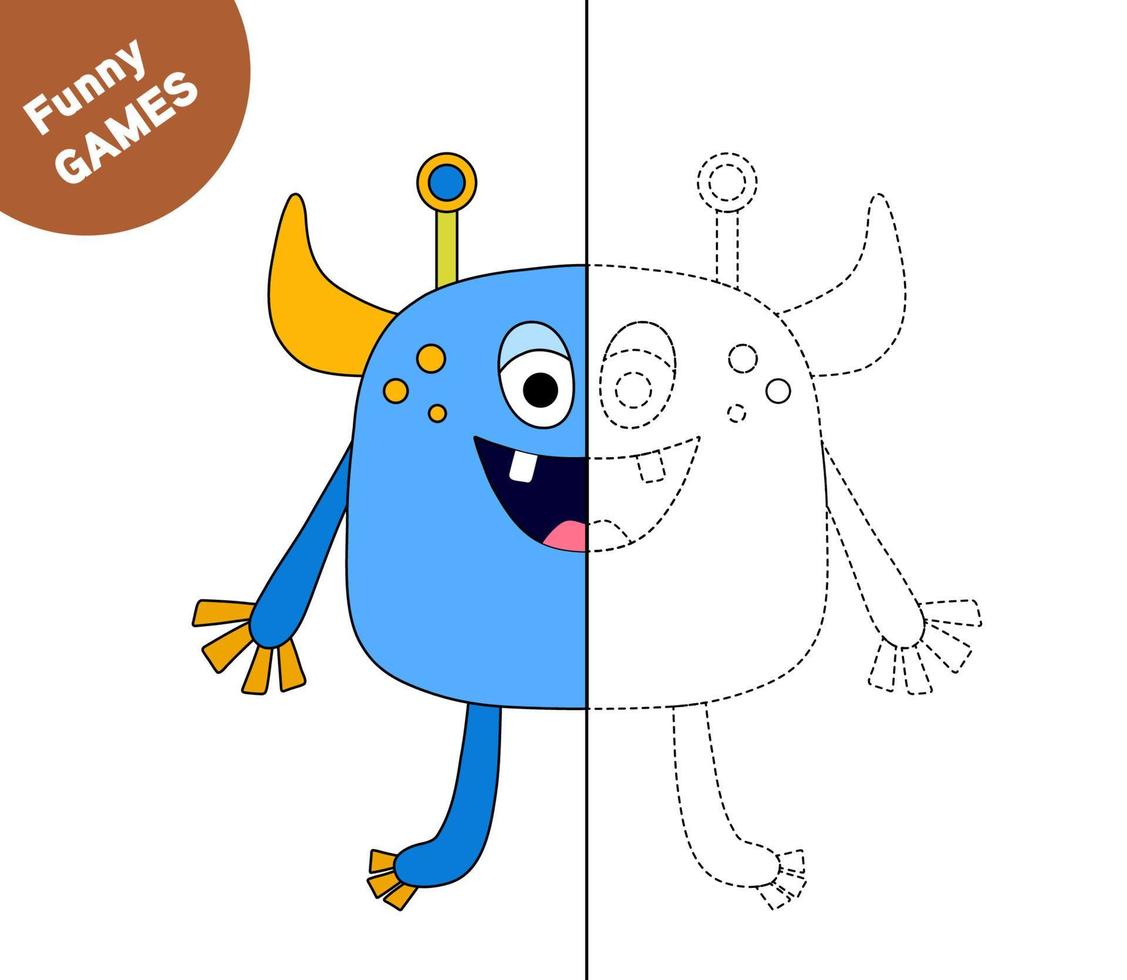 Drawing tutorial funny monster. Copy the picture and coloring. Activity page for book. Coloring page. Drawing lessons for kids vector