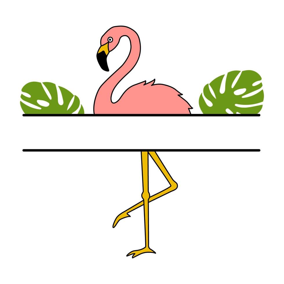 la ilustración vectorial del monograma flamenco en estilo plano está aislada en blanco. flamenco de pájaro tropical con monograma dividido de hojas de monstera vector