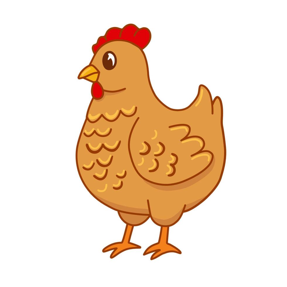 lindo retrato de gallina de granja de dibujos animados sobre fondo blanco. ilustración vectorial de pollo para libros y revistas infantiles, pegatinas, manuales vector