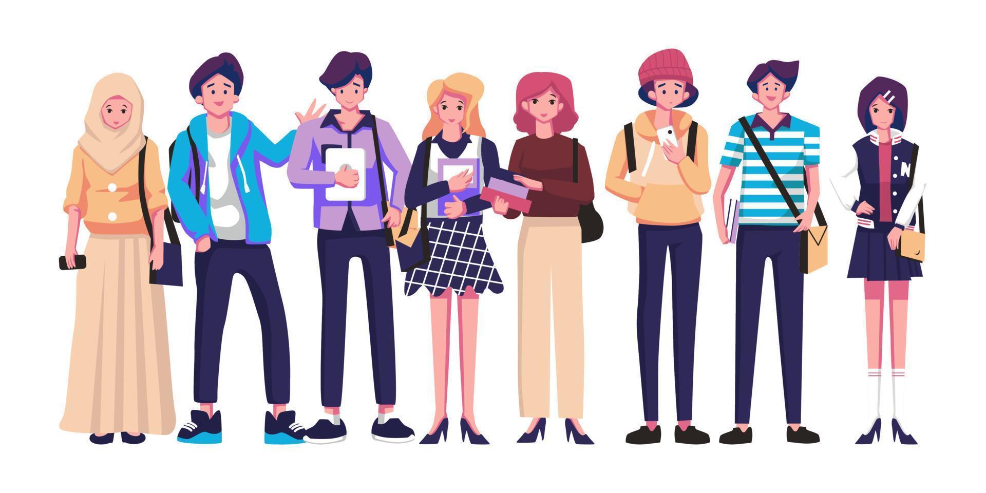 Group of happy university students with study books and gadgets vector