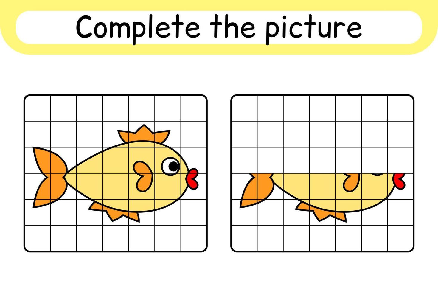 Complete the picture fish. Copy the picture and color. Finish the image. Coloring book. Educational drawing exercise game for children vector