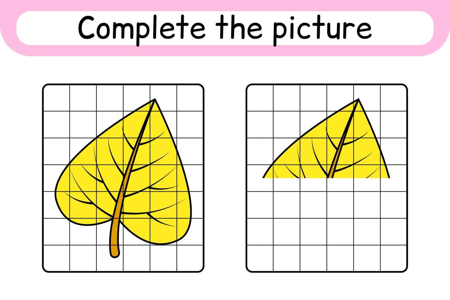 Complete the picture leaf birch. Copy the picture and color. Finish the image. Coloring book. Educational drawing exercise game for children vector