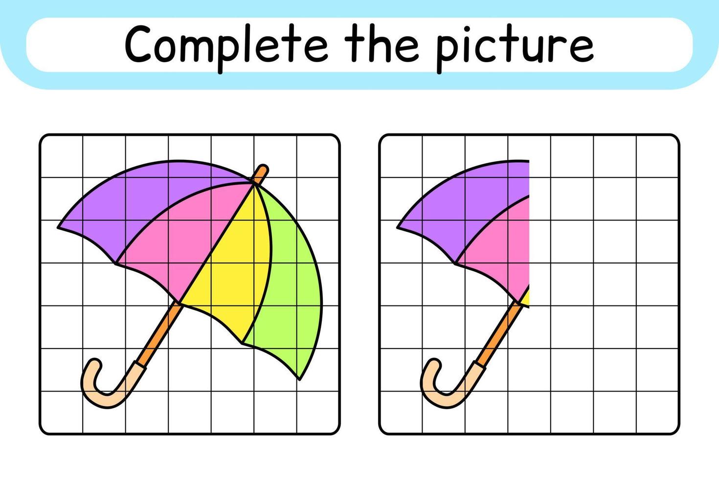 Complete the picture umbrella. Copy the picture and color. Finish the image. Coloring book. Educational drawing exercise game for children vector