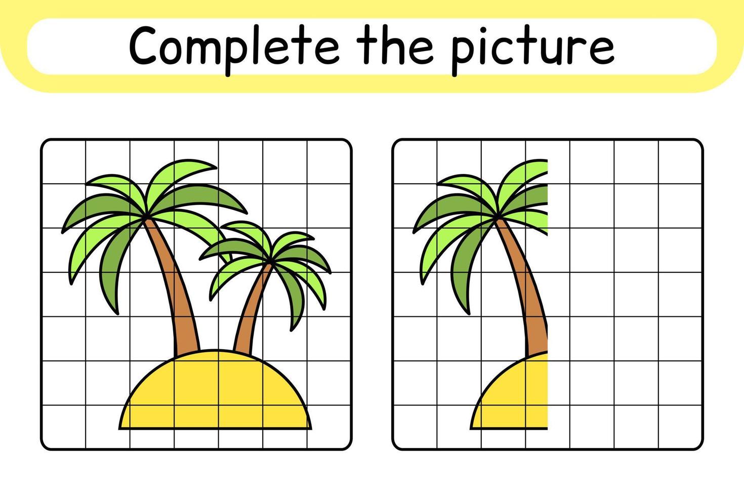 Complete the picture palm. Copy the picture and color. Finish the image. Coloring book. Educational drawing exercise game for children vector