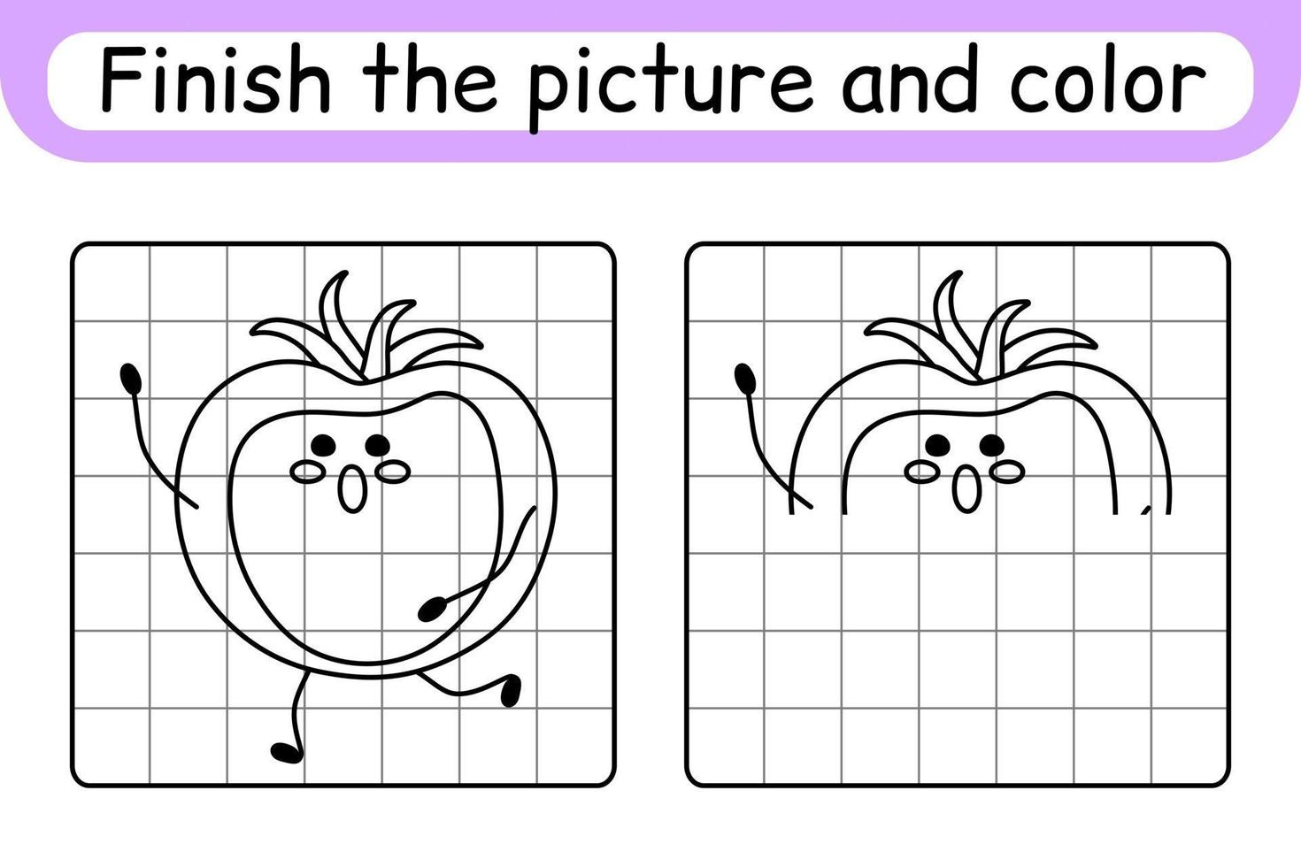 Complete the picture tomato. Copy the picture and color. Finish the image. Coloring book. Educational drawing exercise game for children vector