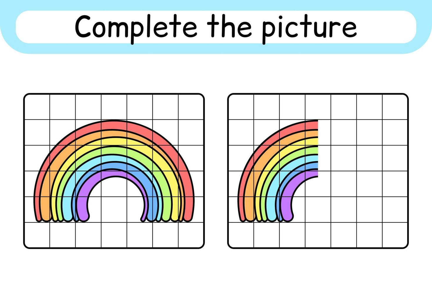Complete the picture rainbow. Copy the picture and color. Finish the image. Coloring book. Educational drawing exercise game for children vector