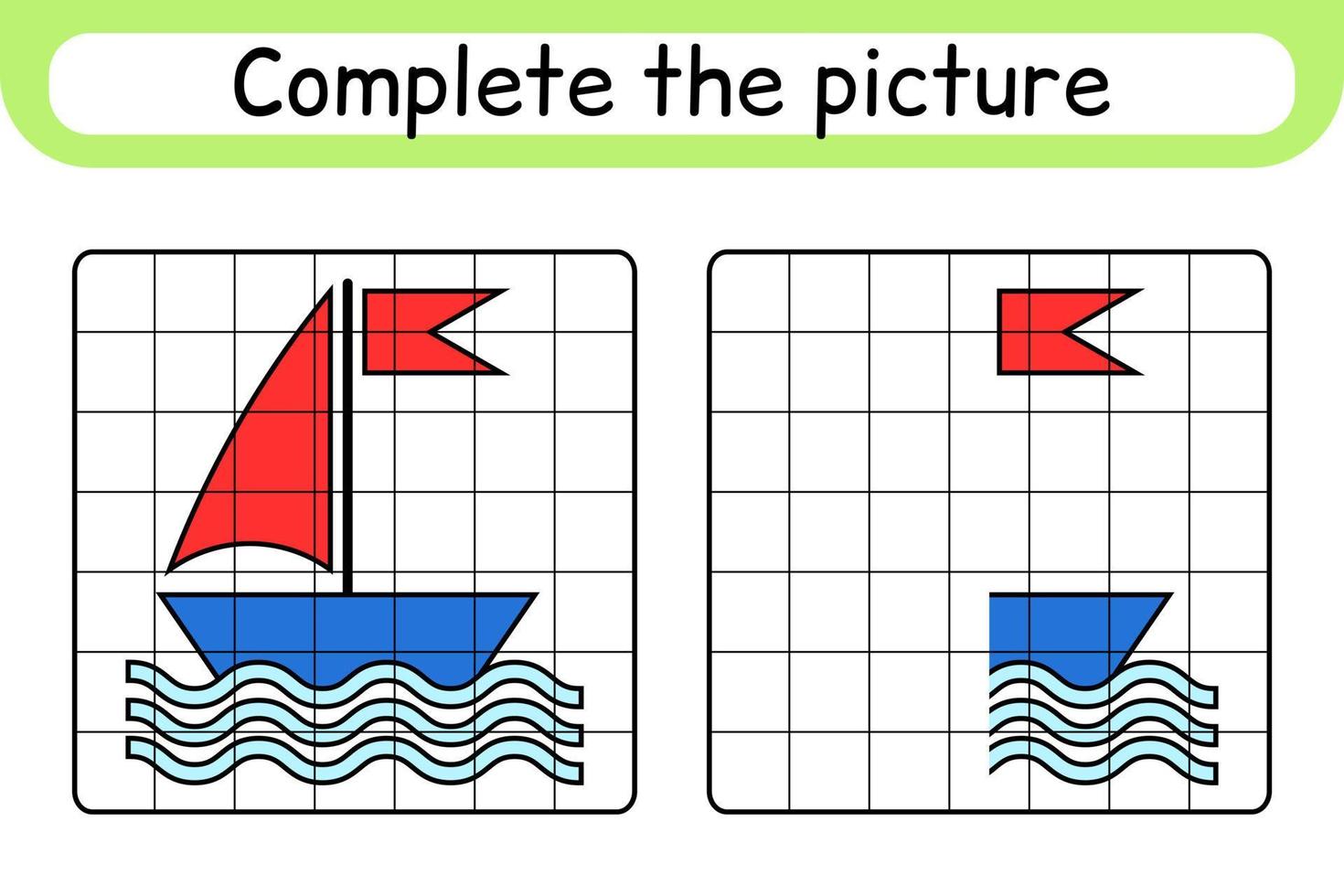 Complete the picture ship. Copy the picture and color. Finish the image. Coloring book. Educational drawing exercise game for children vector