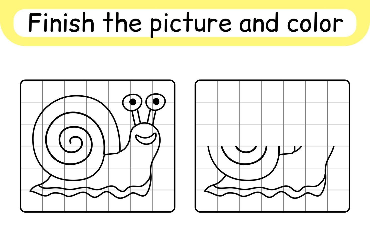 Complete the picture snail. Copy the picture and color. Finish the image. Coloring book. Educational drawing exercise game for children vector