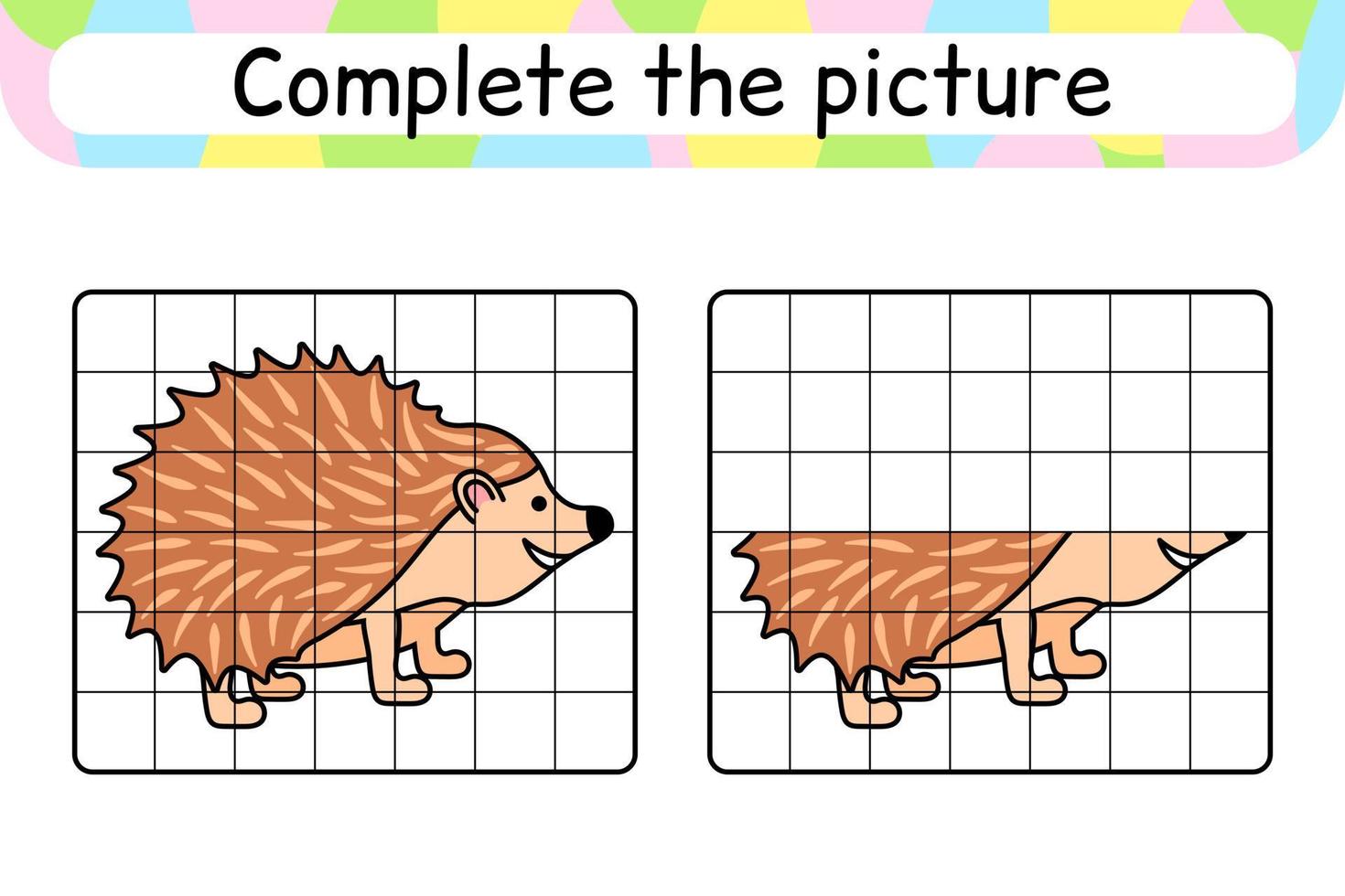 Complete the picture hedgehog. Copy the picture and color. Finish the image. Coloring book. Educational drawing exercise game for children vector