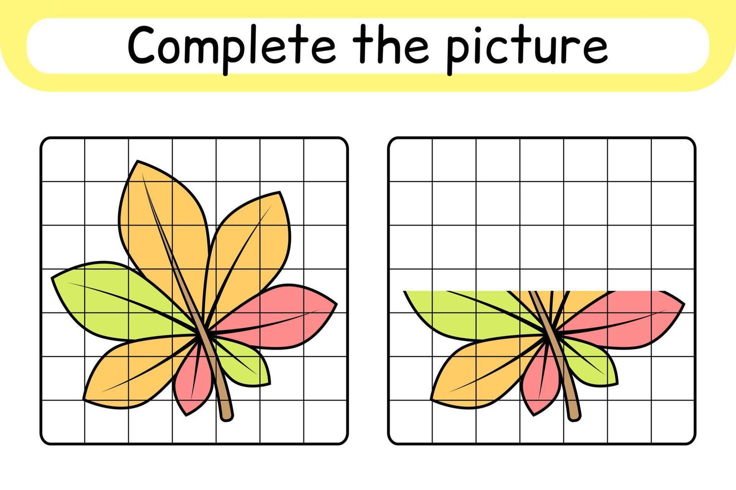 Complete the picture leaf chestnut. Copy the picture and color. Finish the image. Coloring book. Educational drawing exercise game for children vector