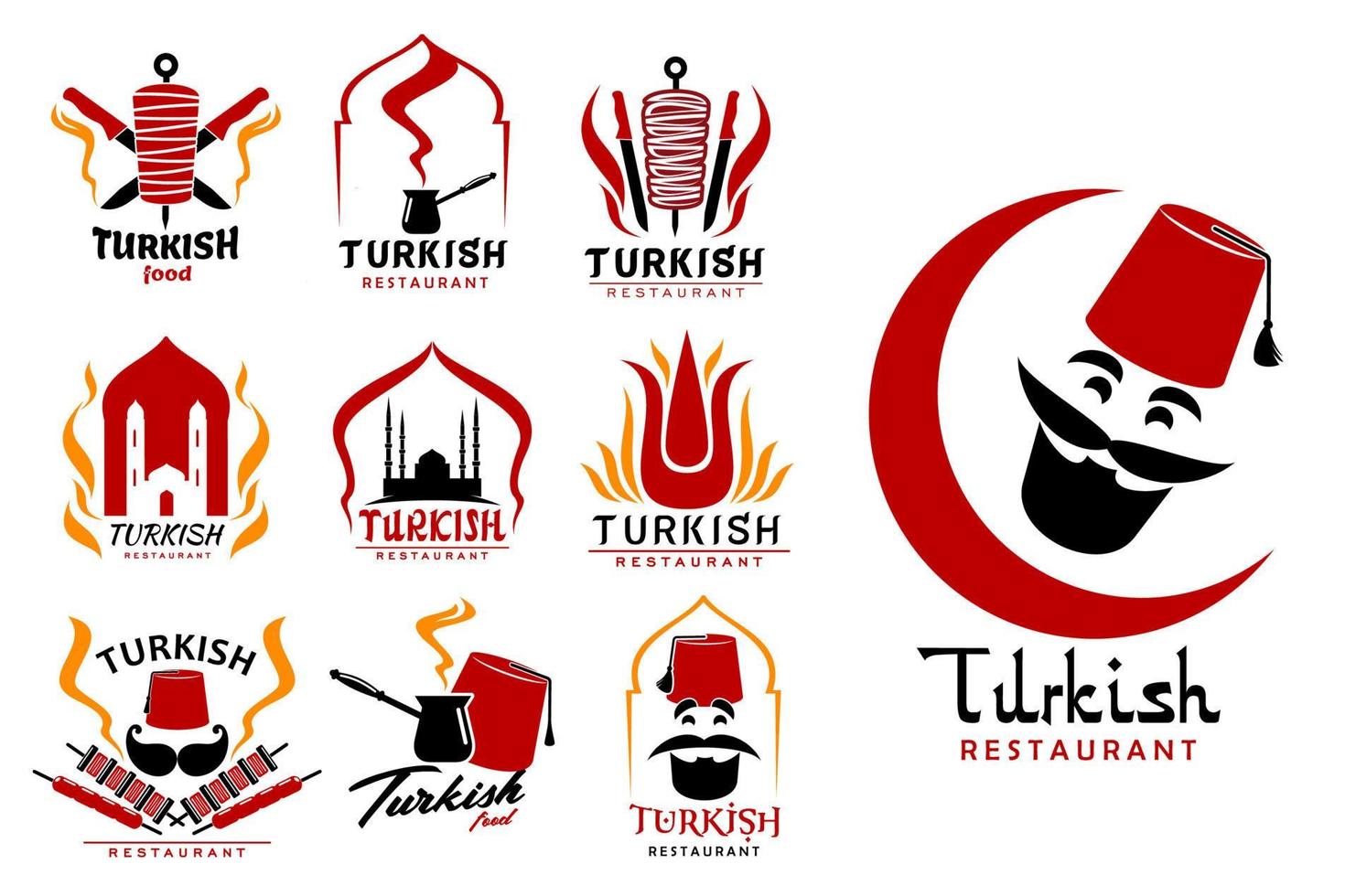 Turkish cuisine food, chef icons and symbols vector