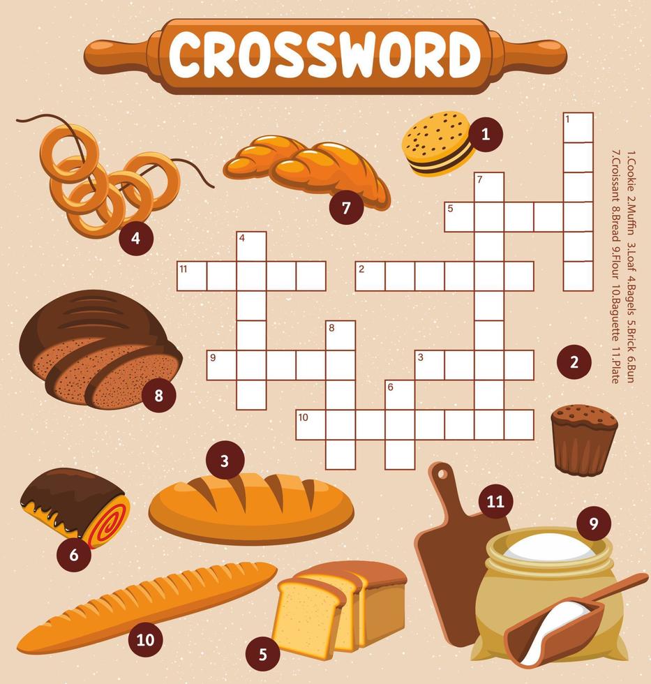 Desserts, flour and bakery crossword worksheet vector