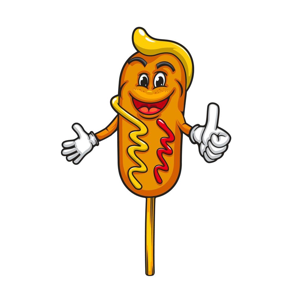 Cartoon corndog character, corn dog on stick vector