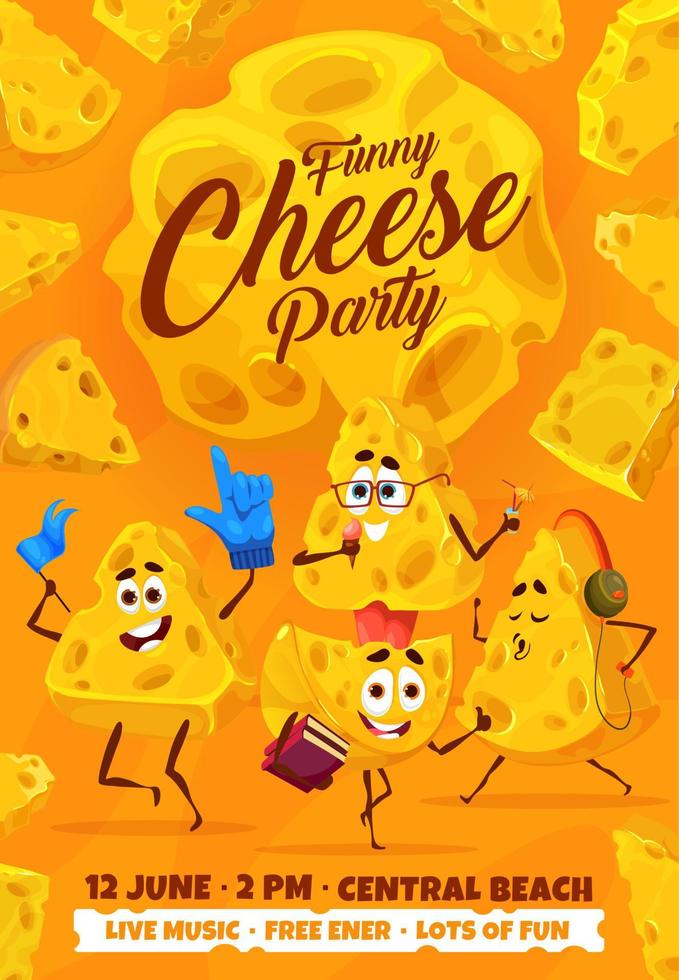 Cheese party flyer, cartoon cheese characters fun vector