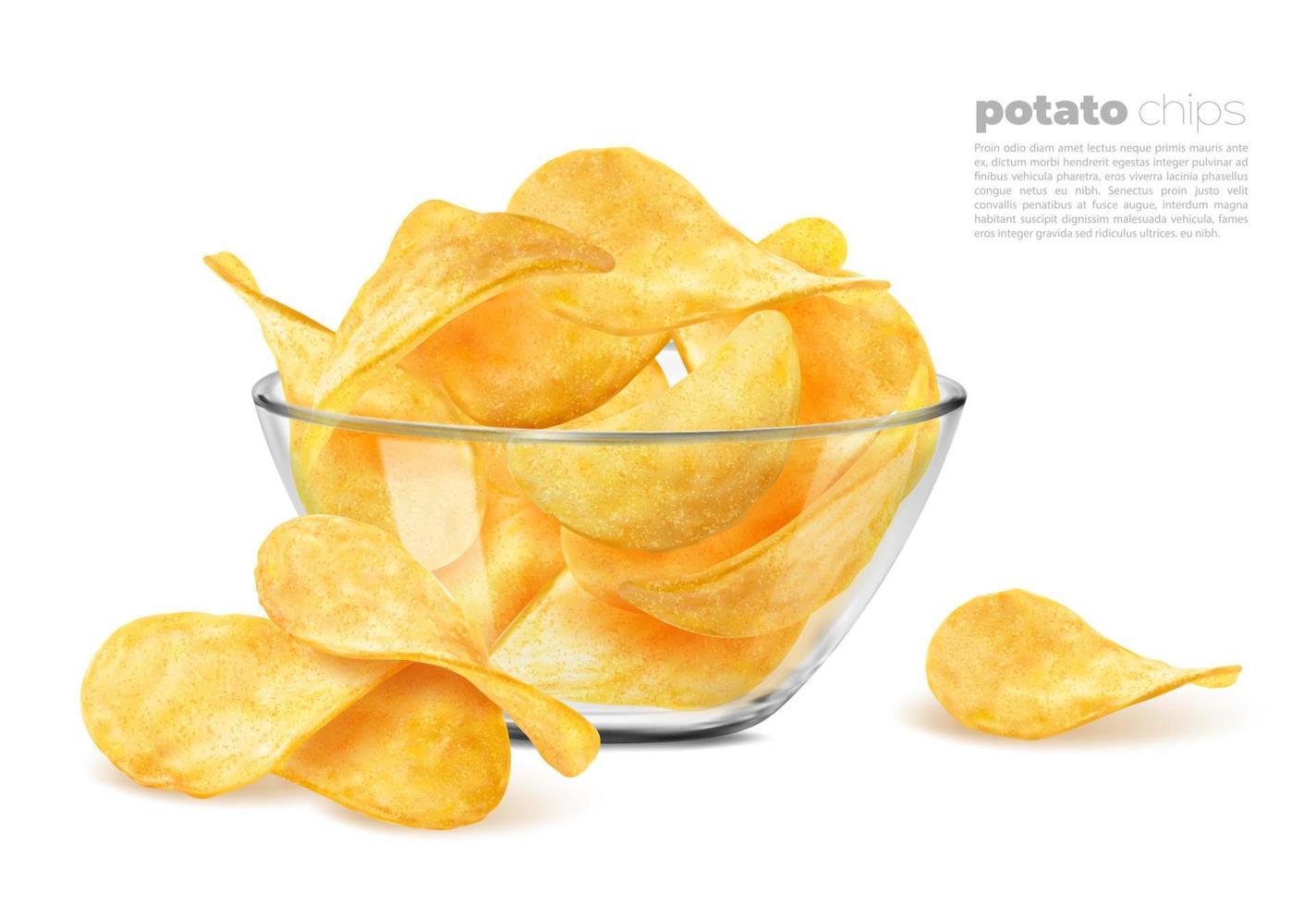 Crispy wavy potato chips in glass bowl background vector