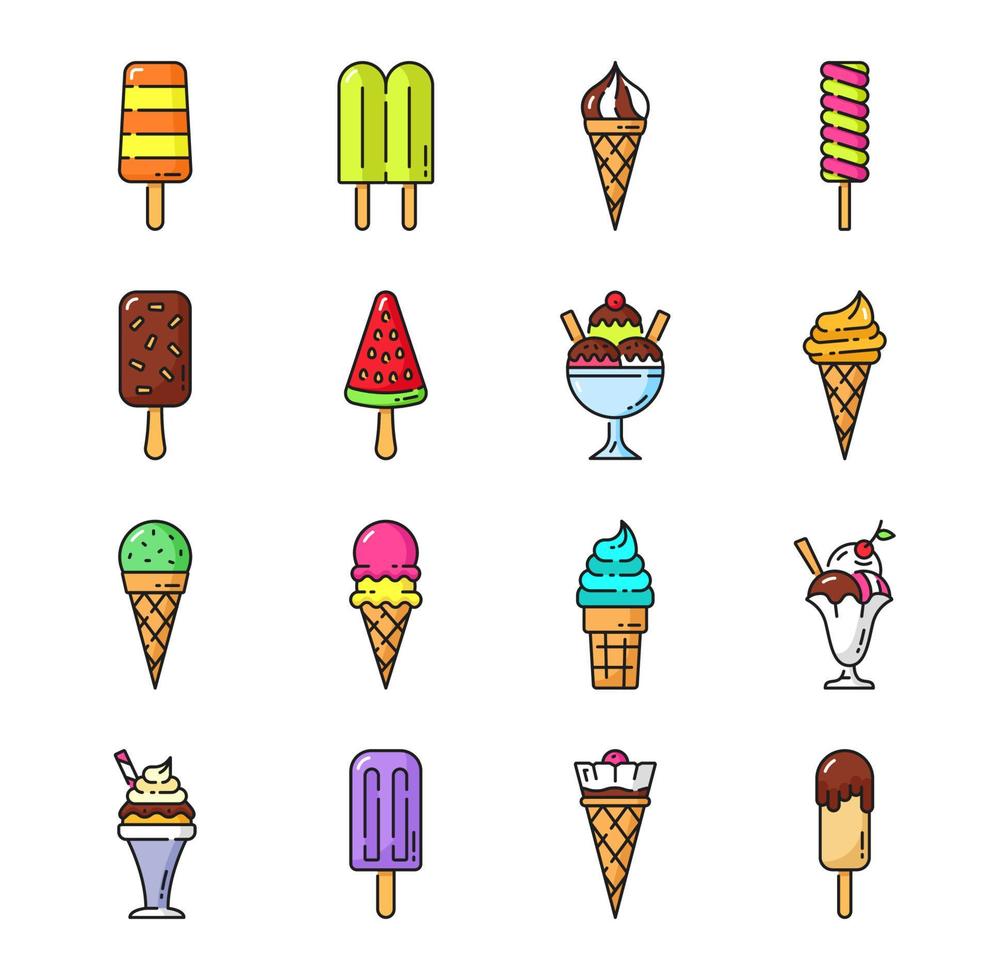 Ice cream color, frozen sundae desserts icons vector